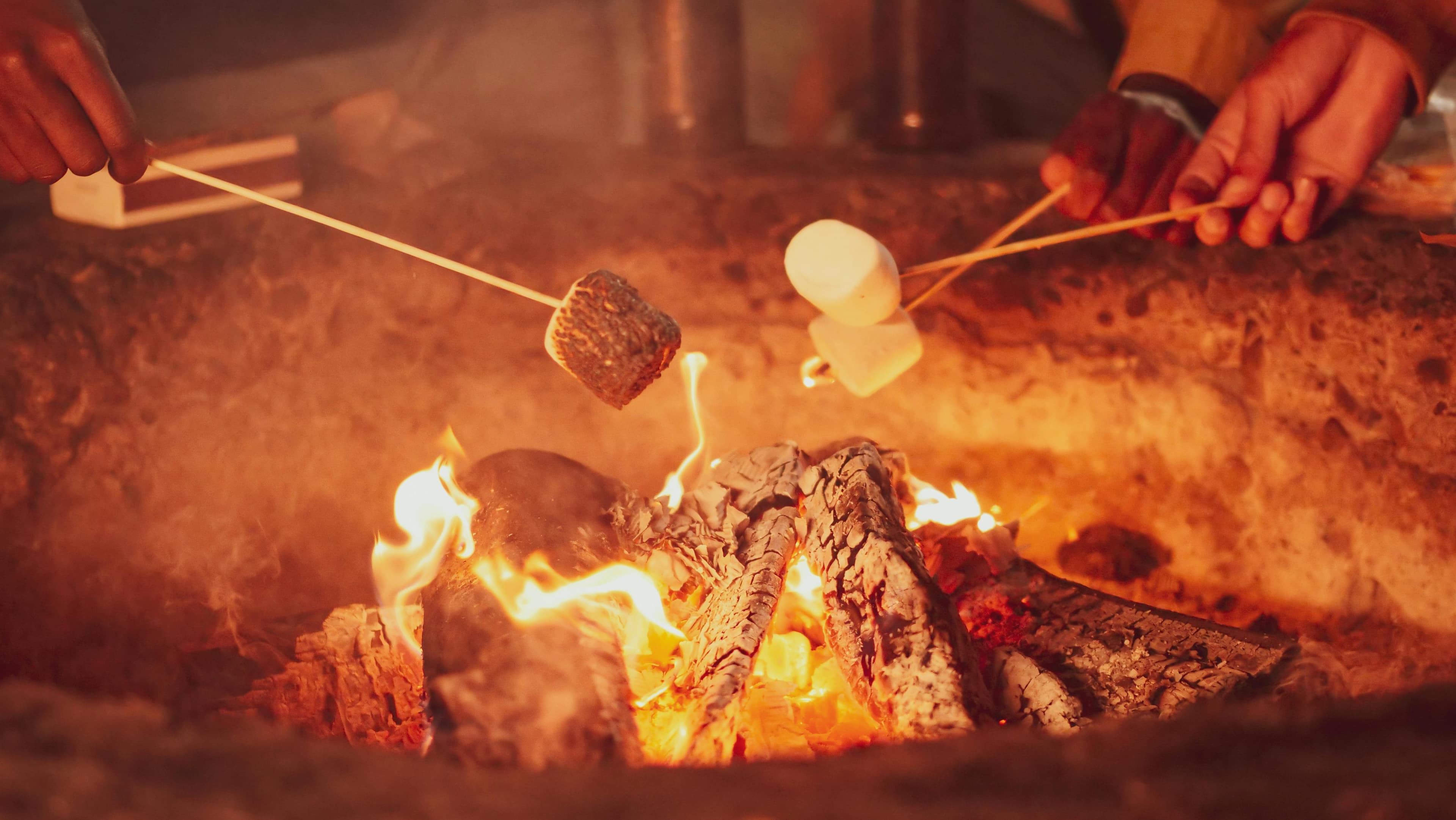 Two hands hold skewers with marshmallows and a charred treat over an open fire.