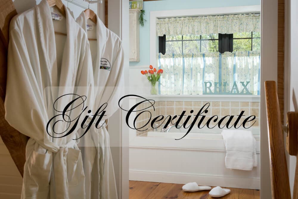 A bathroom with bathrobes hanging on hooks, a bathtub with a sign that says relax on the windowsill, and the words Gift Certificate across the image.