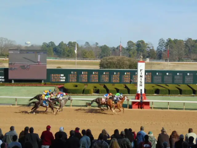 Horses race towards the finish line with spectators watching in the foreground.