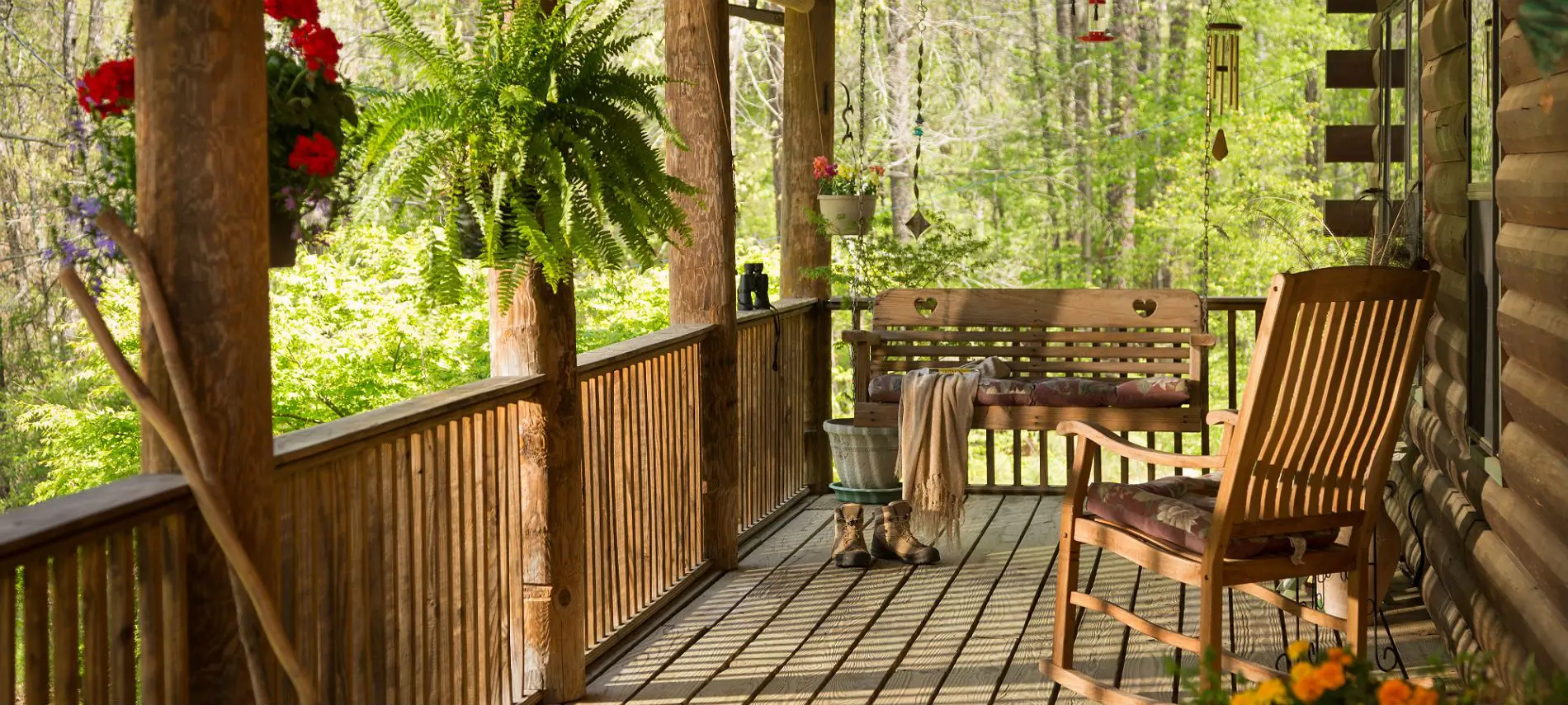 A cozy wooden porch adorned with hanging plants and a swing chair, surrounded by greenery.
