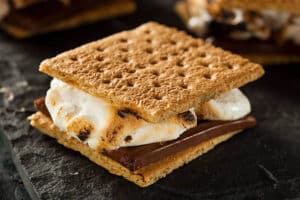 roasted marshmallows and a chocolate bar smooshed between 2 graham crackers, forming a "S'Mores" in front of a dark background